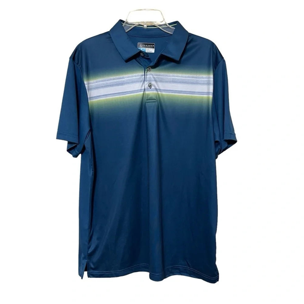 PGA Tour ProSeries‎ Blue Striped Performance Golf Polo Shirt Men's Large